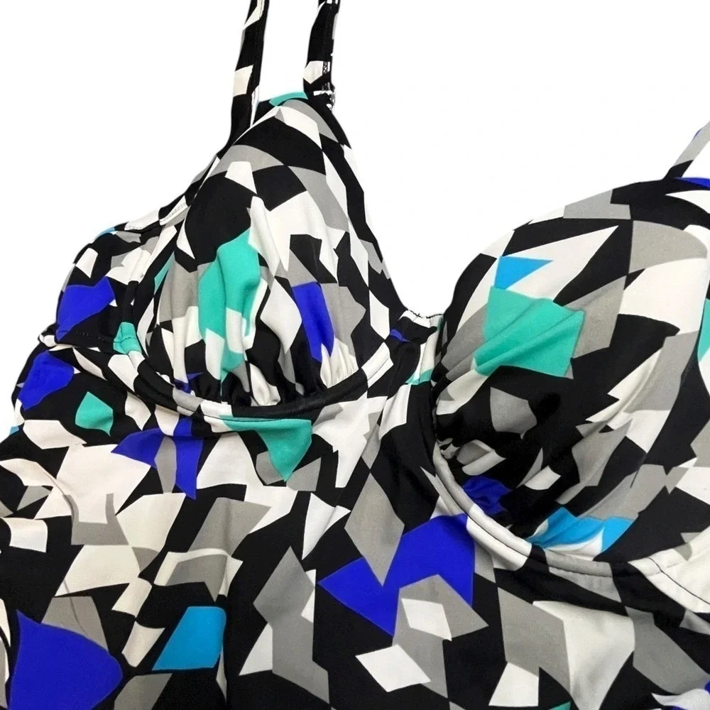 Upstream Womens Blue Geometric Underwire Tankini Swim Top Size 14‎ D-Cup NWT